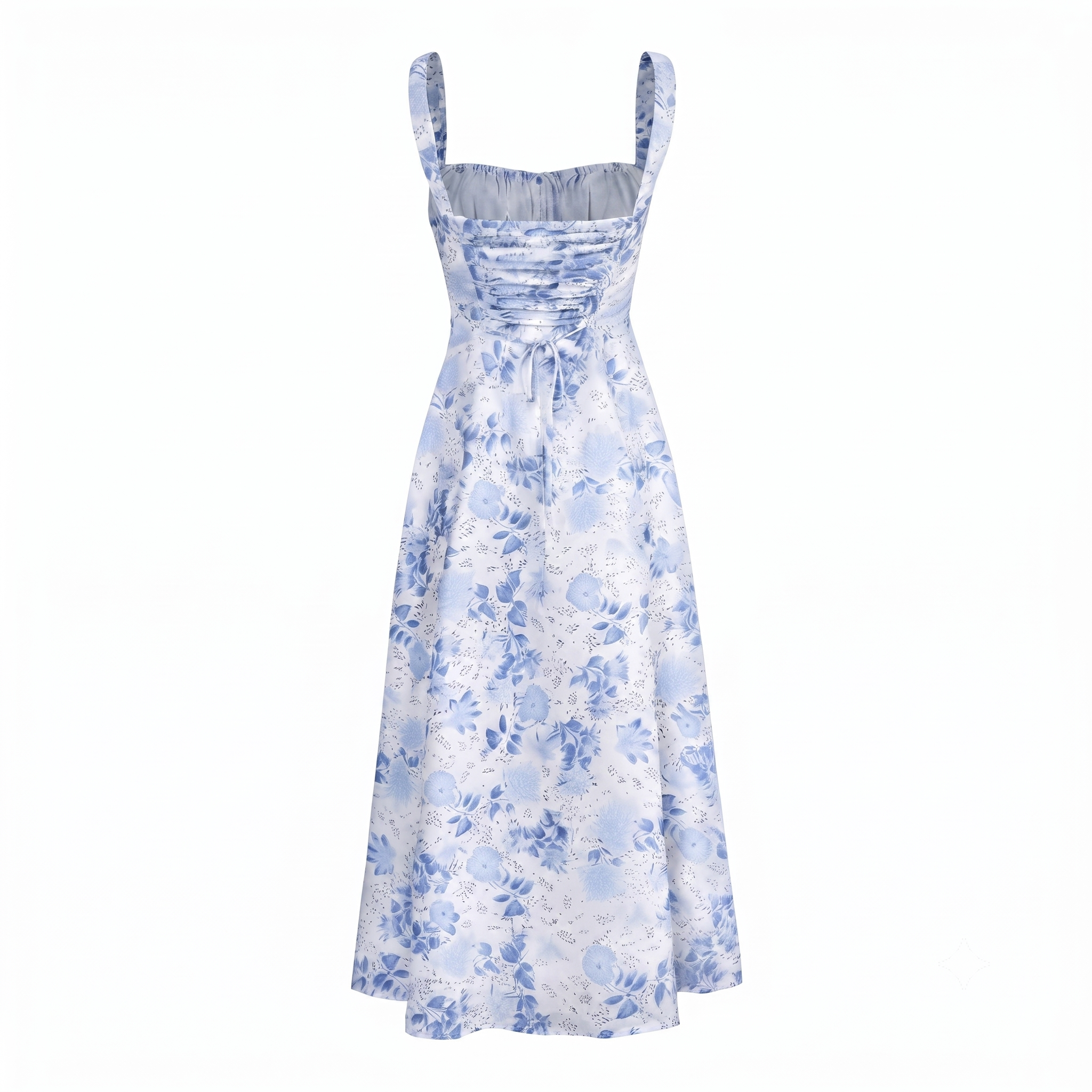 Blaues Blüten-Midikleid mit Raffung