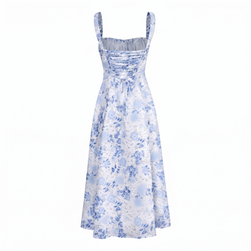 Blaues Blüten-Midikleid mit Raffung